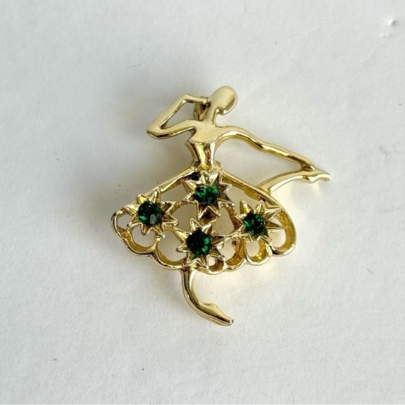 Vintage Ballet Dancer Brooch Ballerina Green Rhinestone Gold Tone Pin Gerrys - Picture 3 of 7